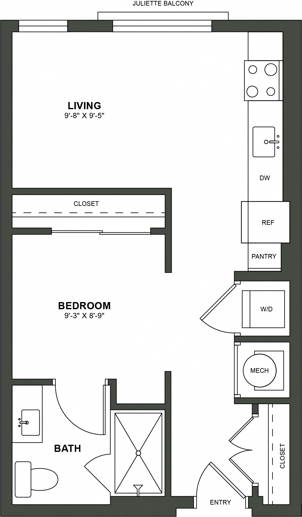 Floor plan for studio, 1 bath, 521 sqft